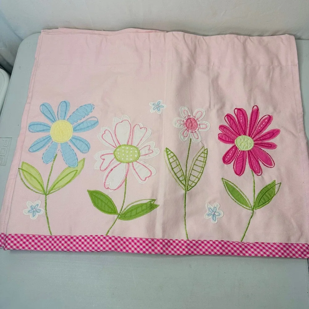 Pottery Barn Kids Pink Floral Embroidered Valance Set of 2 Gingham Trim 44x18